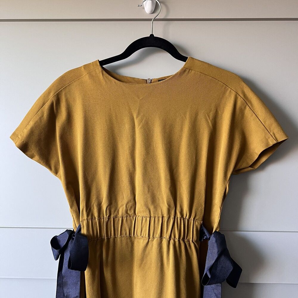 Zara Trafaluc‎ Mini Dress Womens XS Tan Yellow Short Sleeve Bow Tie Fit Flare - Picture 2 of 15